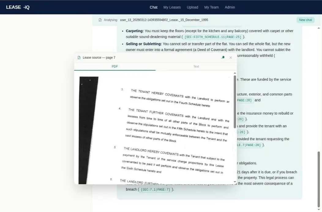 A real LEASE-iQ answer with the signed lease page open