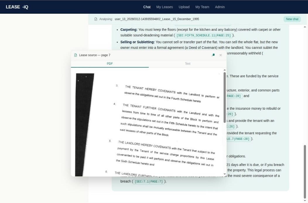 A real LEASE-iQ answer with the signed lease page open